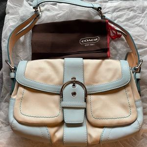 COACH White/Light Blue Leather Buckle Handbag Purse